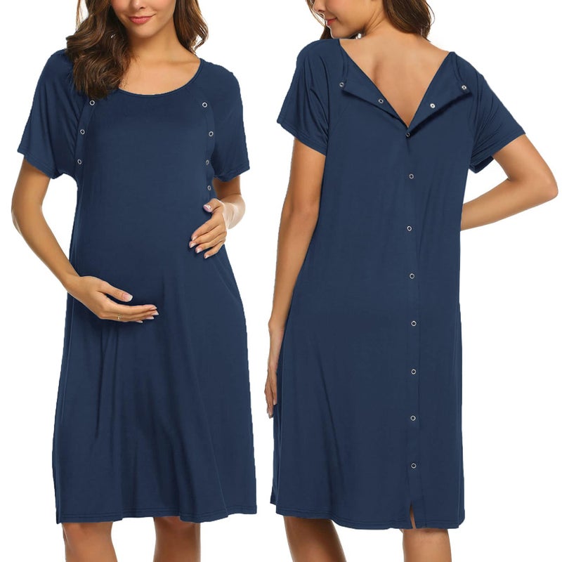 Ekouaer Womens, Button Down Nightgown Nightshirt, Short Labor Delivery Gown, Sleep Dress, 1 Navy Blue, Large - Image 1